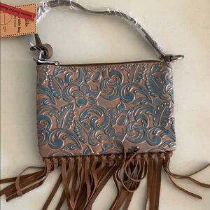 NWT Justin boots Brown and Blue Embossed Leather Fringe Bag